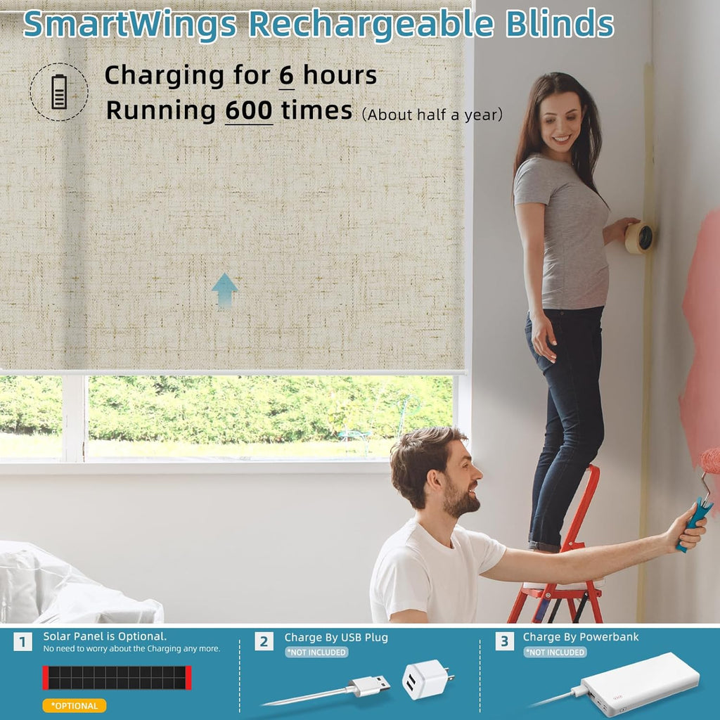 SmartWings Motorized Smart Blinds for Windows in Light Filtering, Electric Remote Roller Shades Compatible with Alexa/Google Home/Homekit, Custom Up to 110”W x 148”H, Linen Translucent Sand