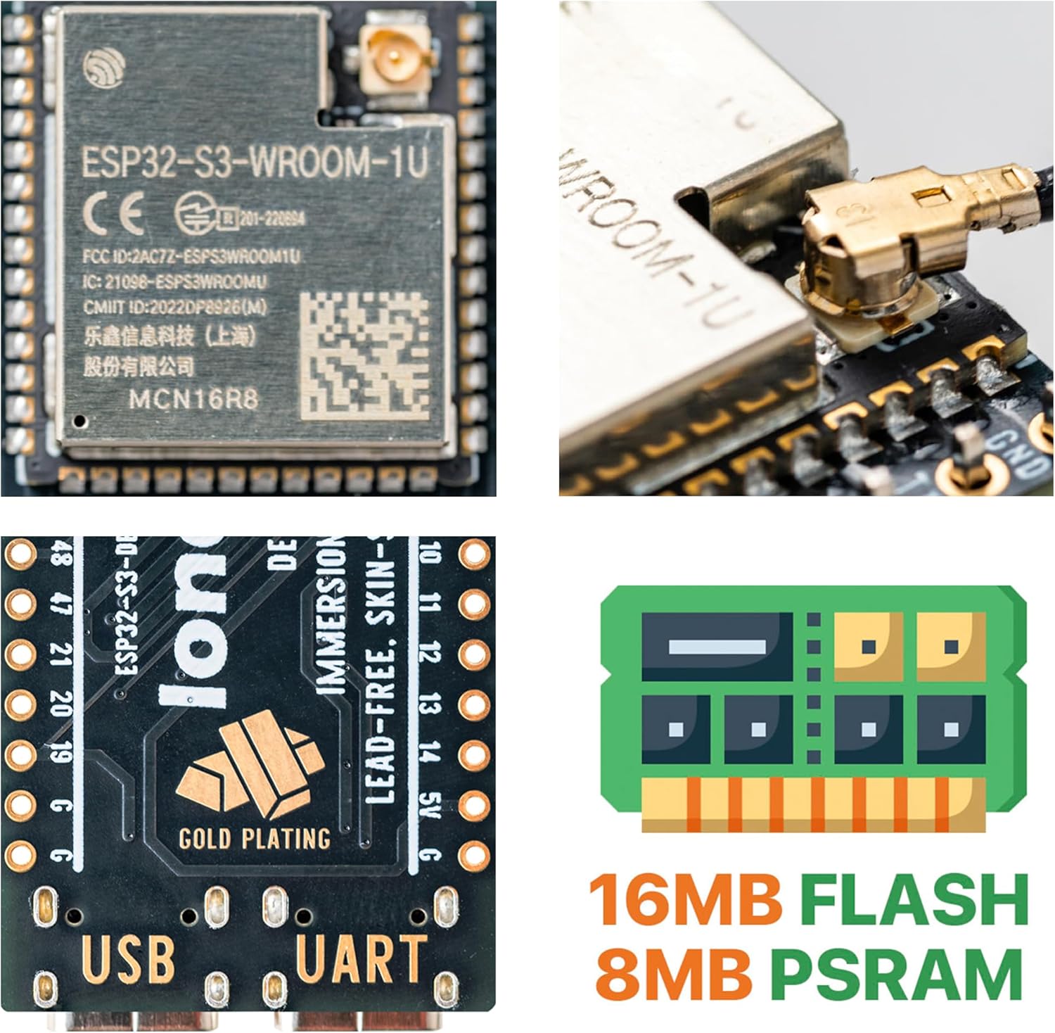 3-Pack ESP32-S3 Development Board Gold Edition - 16MB Flash, 8MB PSRAM IPEX, Dual Type-C - Compatible with Arduino IDE & ESP-IDF (3X N16R8 Dev Board with External Antenna)