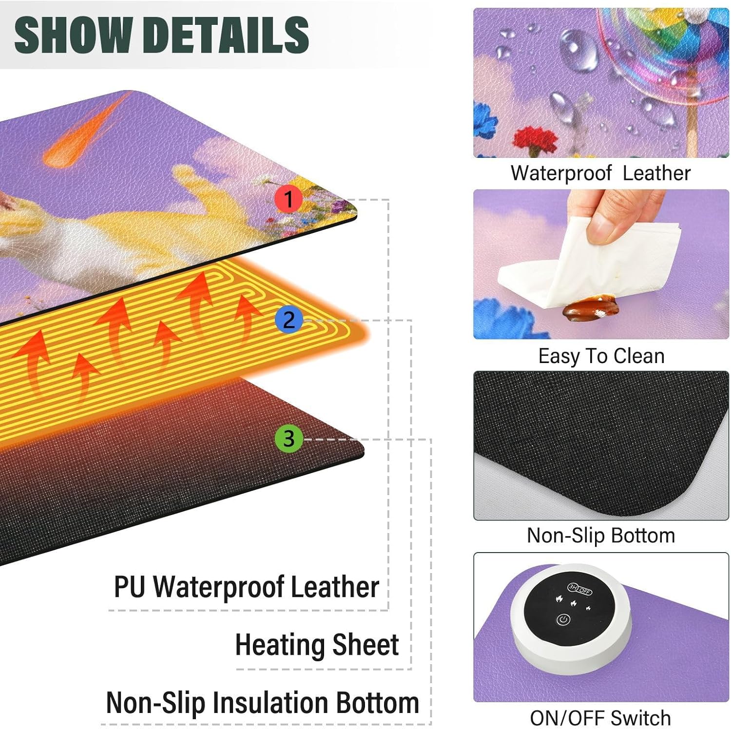 Large Heated Mouse Pad,Leather Desk Mat,31.5"x13",Hand Warmer Pads for Desk,Cat(Purple Yellow)