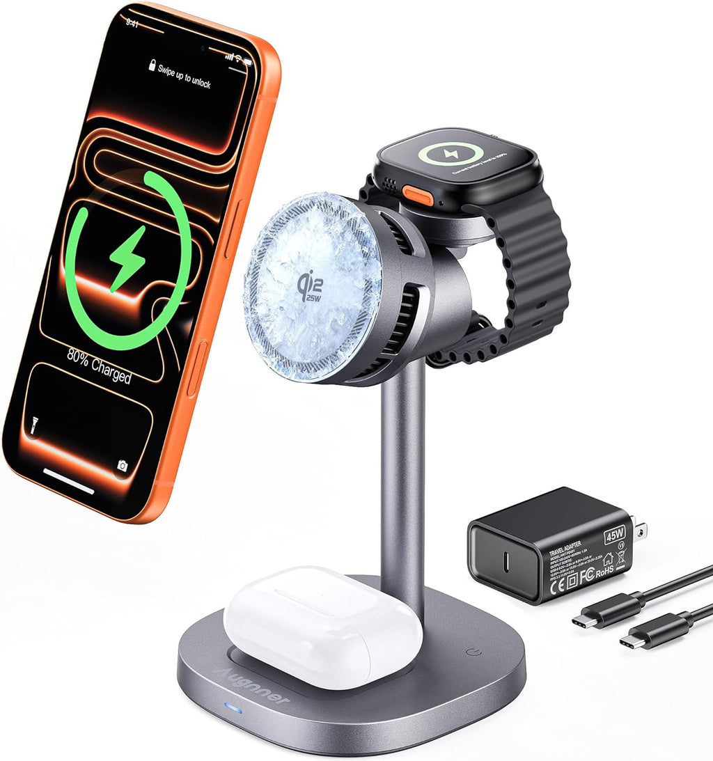 3 in 1 Wireless Charging Station, Qi2.2 25W Certified Fast Magnetic Charger, Mag-Safe Wireless Charger Stand with TEC Active Cooling, for iPhone17/16/15/14/13/12, Apple Watch/AirPods