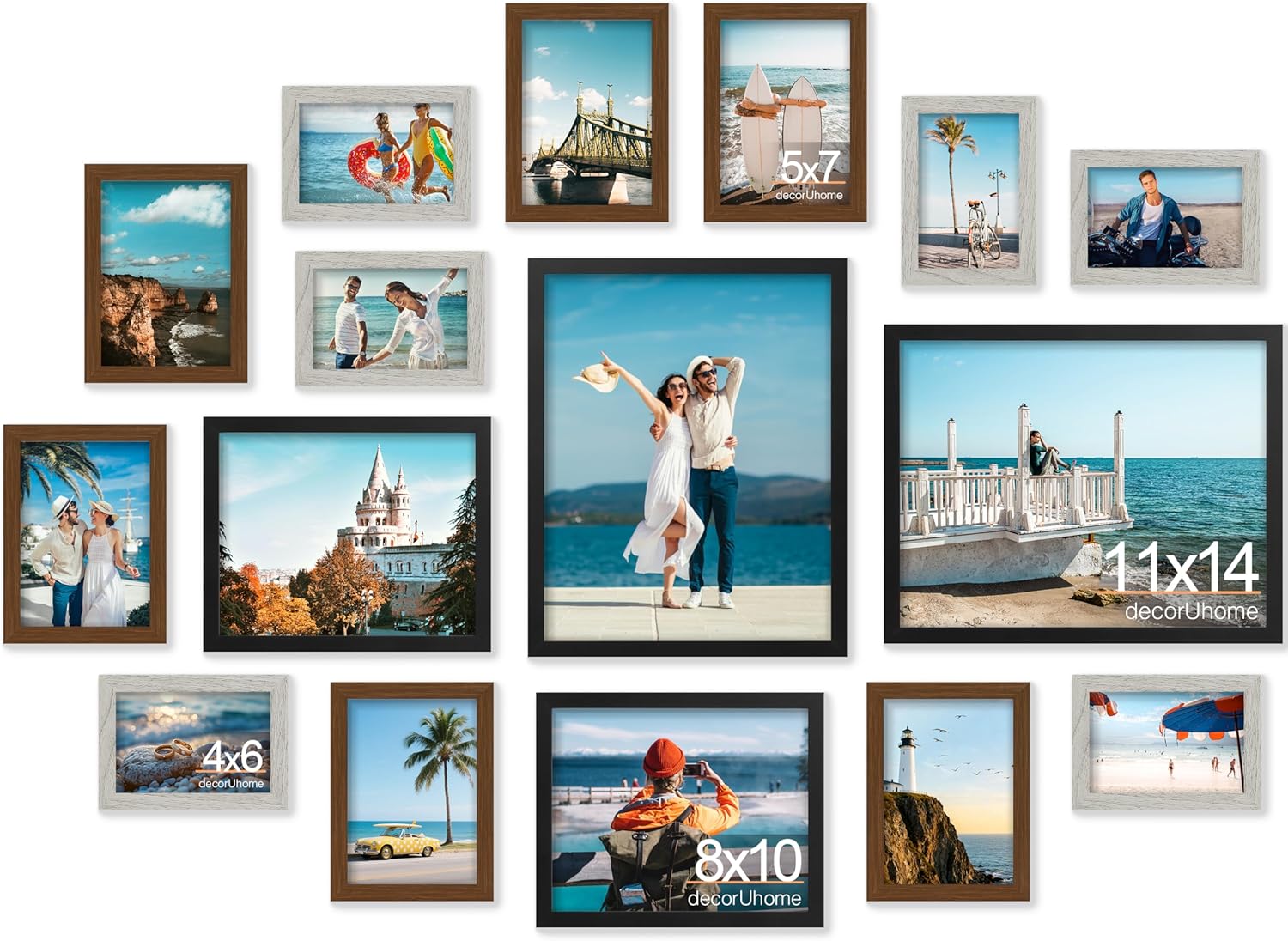 decorUhome Assorted Picture Frames Collage Wall Decor for Photo Gallery Display Set of 16 Including Two 11x14 / Two 8x10 / Six 5x7 / Six 4x6 for Family Wall Decor, Black/Brown/Grey, 16 Pack