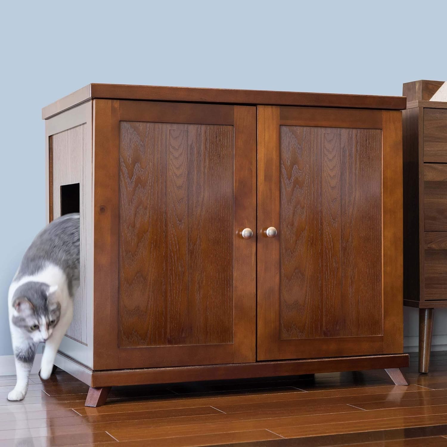 THE REFINED FELINE Cat Litter Box Enclosure Cabinet, Shaker, Mahogany Brown, Mid-Century Feet, XLarge, Hidden Litter Cat Furniture with Drawer