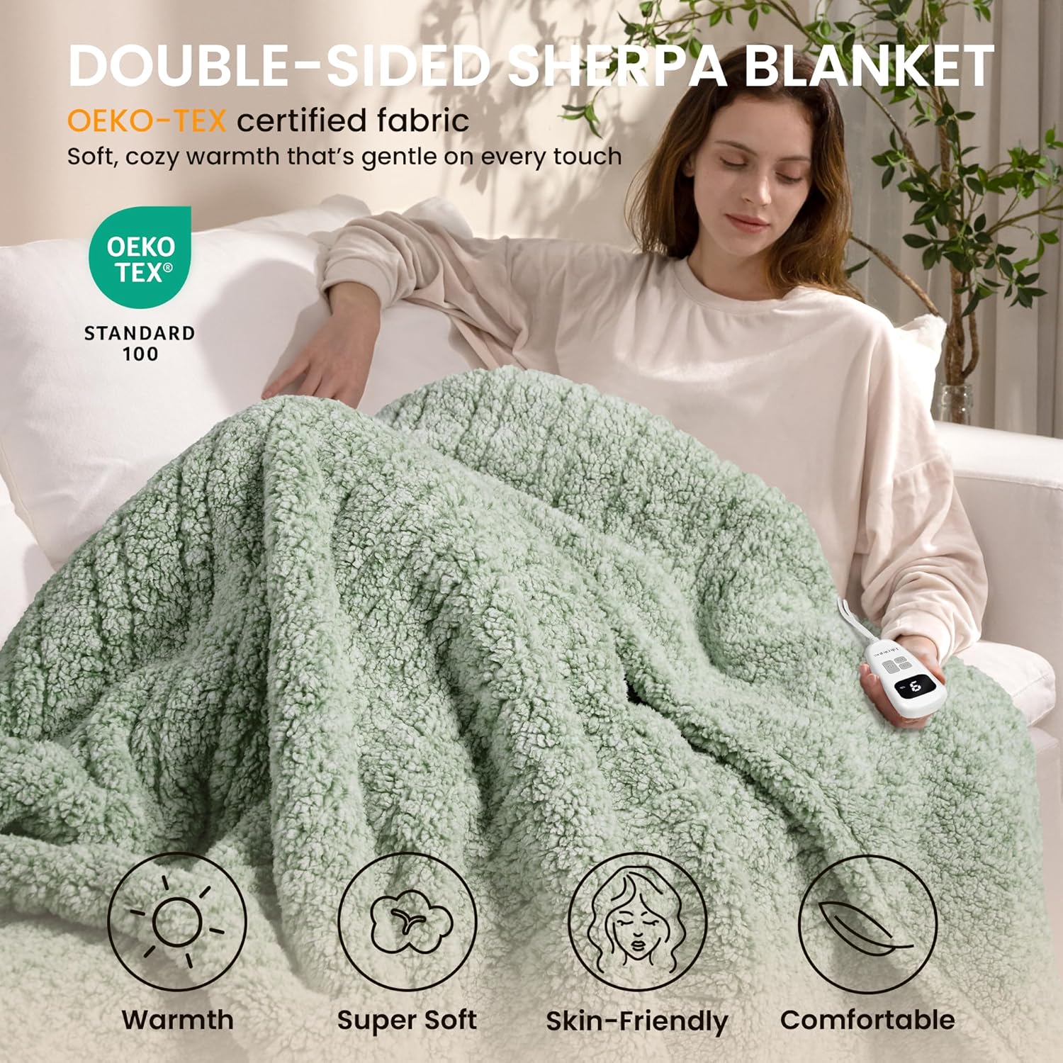 Heated Blanket Electric Blanket Twin - Fast Heating Blanket Throw Double Sided Sherpa Ultra Soft Cozy with 10 Heating Levels & 2-10 Hours Auto Off, Mashine Washable, 62 x 84 Inches, Sage
