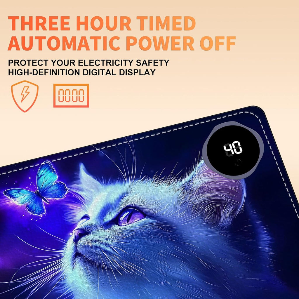 Heated Mouse Pad, Warm Desk Pad, Keyboard Mat 23.6 x 14 Inch Large Size Intelligent Fast Heating, 3 Speed Adjustable, Timed Auto Power Off for Game Office Home, Blue Cat Butterfly