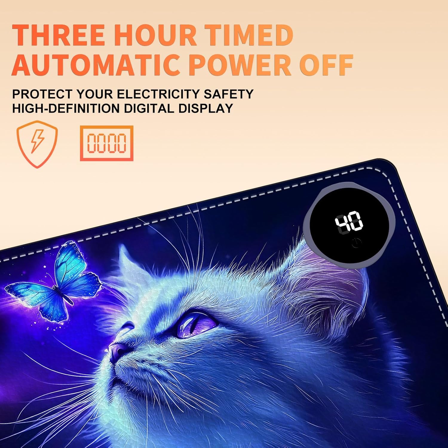 Heated Mouse Pad, Warm Desk Pad, Keyboard Mat 23.6 x 14 Inch Large Size Intelligent Fast Heating, 3 Speed Adjustable, Timed Auto Power Off for Game Office Home, Blue Cat Butterfly