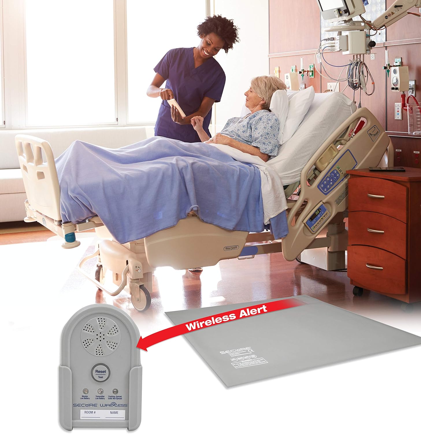 Secure Wireless Floor Mat Sensor Bed Alarm for Elderly Adults - 24"x36" Floor Sensor & Remote Alert Monitor - Bed Alarms and Fall Prevention for Elderly Dementia Patients, Caregiver Alert Seniors