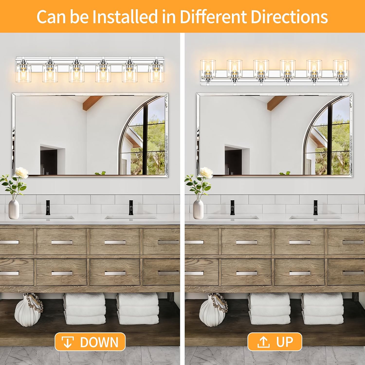 6 Light Modern Bathroom Light Fixtures Over Mirror, Chrome Vanity Lights for Bathroom Wall Sconces with Clear Glass Shades, E26 Socket (Bulbs Not Included)