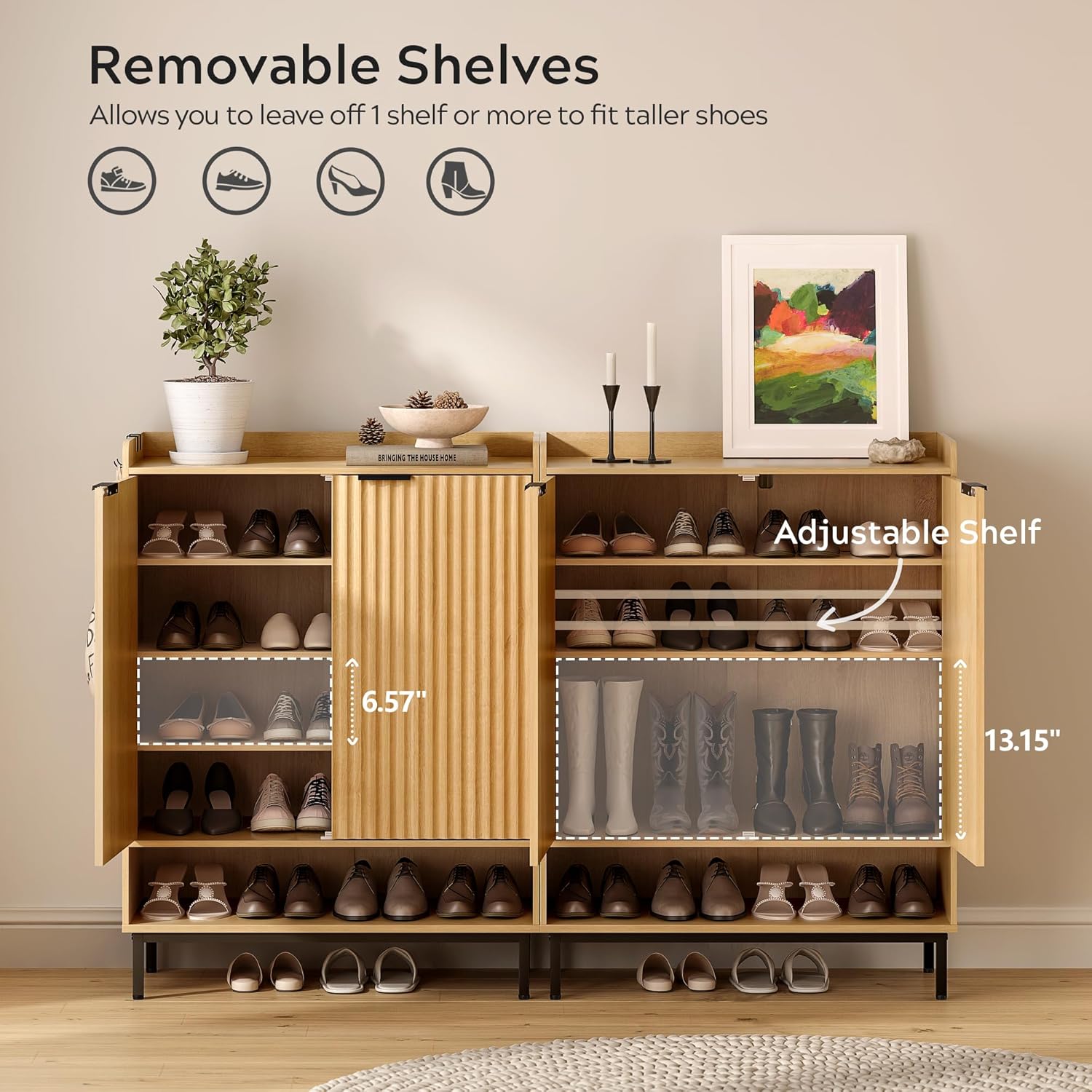 Large Shoe Cabinet with Doors Set of 2, Fluted Wooden Storage with Adjustable Shelves, Hanging Rod Modern Tall Freestanding Shoe Rack Organizer for Entryway, Hallway Natural Oak