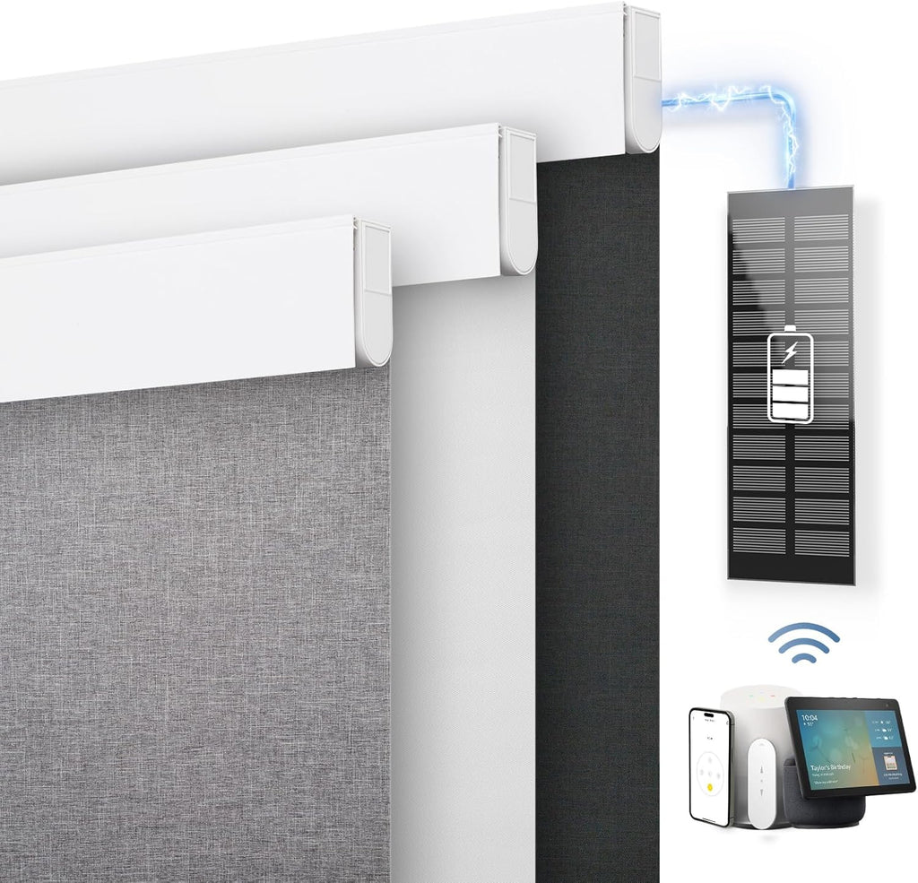 DENFOON Motorized Blinds with Remote control, Custom Blackout Smart Blinds [with Cover],Electric Blinds with Complimentary Solar Panel, Cordless Automatic Roller Shades for Windows (White，22"W x 72"H)