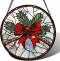 Stained Glass Window Hanging - Pine Branches Red Bow Suncatcher for Doors Home Christmas Decoration Silver Sun Catcher Thanksgiving New Year Birthday Gifts for Women Men Mom Nana 6.3 in