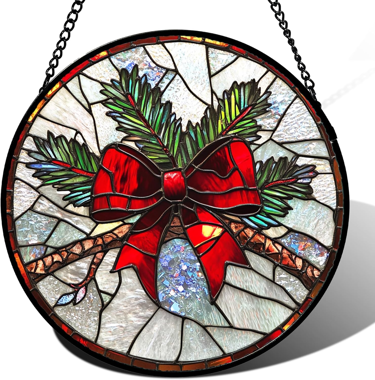 Stained Glass Window Hanging - Pine Branches Red Bow Suncatcher for Doors Home Christmas Decoration Silver Sun Catcher Thanksgiving New Year Birthday Gifts for Women Men Mom Nana 6.3 in