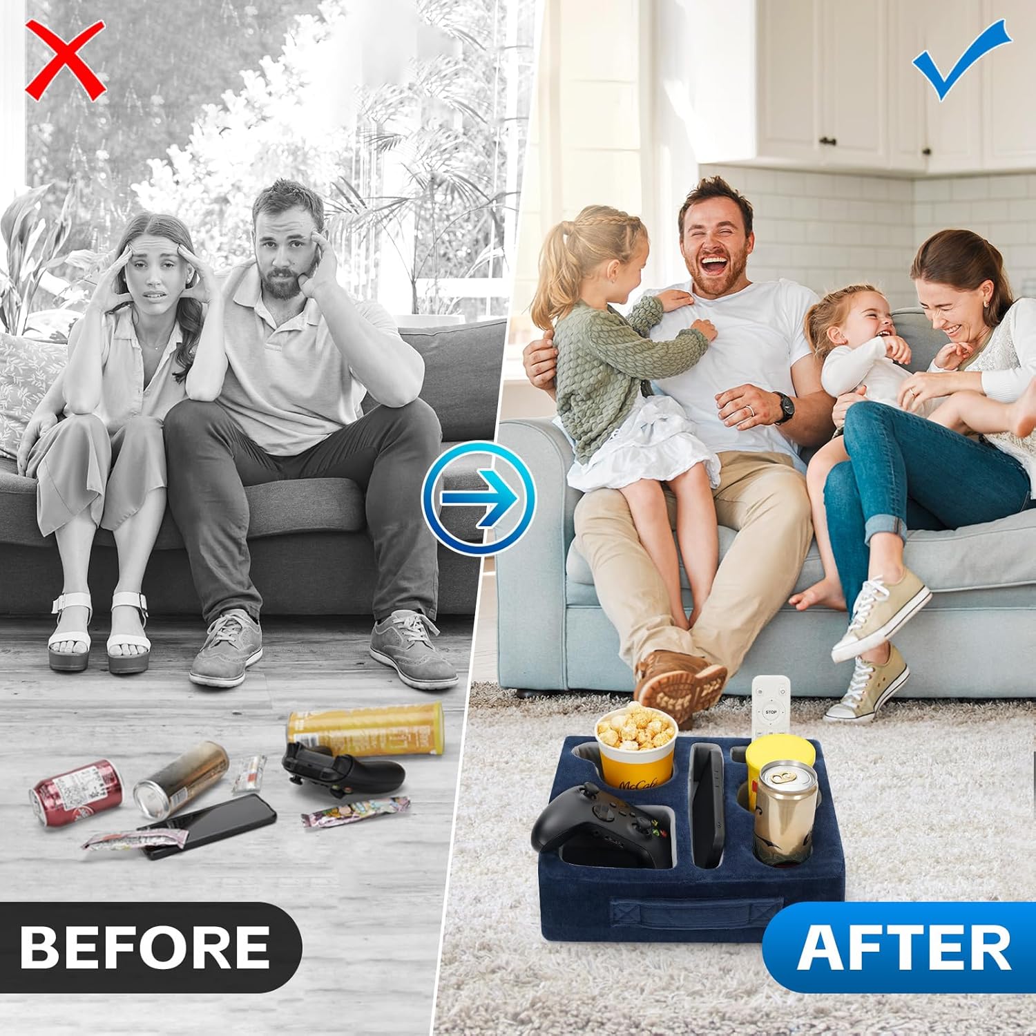 G GOOD GAIN Couch Cup Holder Pillow-Sofa Cup Holder Cozy Buddy | Bed Drink Caddy Holds Tablet, Remote, Snacks | Waterproof Anti-Spill Sofa Beverage Tray for Car, Park, Beach, Picnic, Boat, RV(Navy)