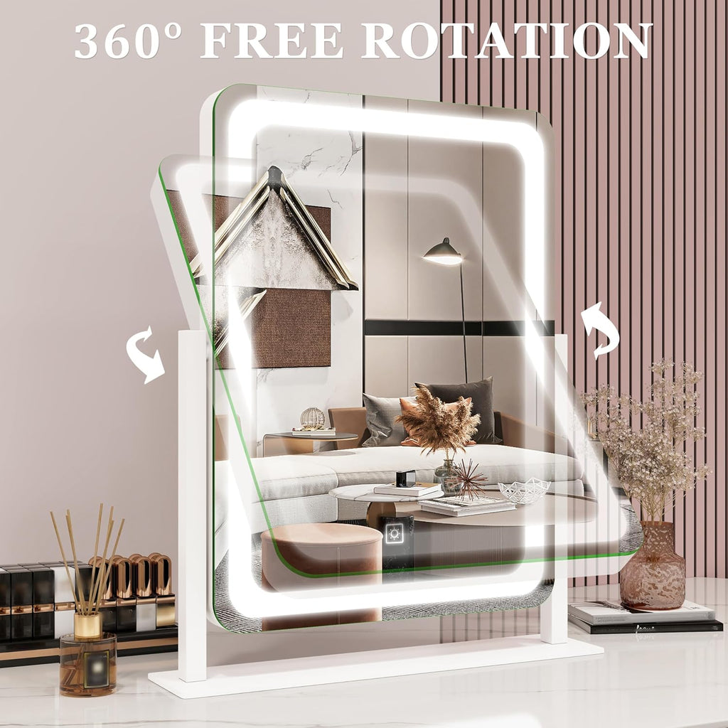 ROLOVE Vanity Mirror with Lights, 12.6"×15" LED Makeup Mirror, Lighted Makeup Mirror with Lights, Smart Touch Control Dimmable 3 Modes Light, Lighted Up Mirror for Makeup Desk, Bedroom, Dressing Room