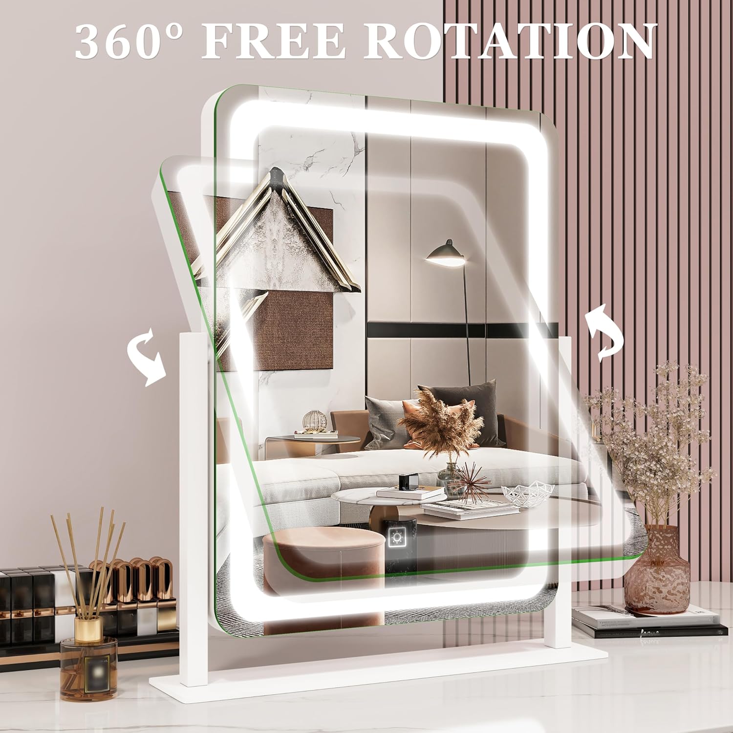 ROLOVE Vanity Mirror with Lights, 12.6"×15" LED Makeup Mirror, Lighted Makeup Mirror with Lights, Smart Touch Control Dimmable 3 Modes Light, Lighted Up Mirror for Makeup Desk, Bedroom, Dressing Room