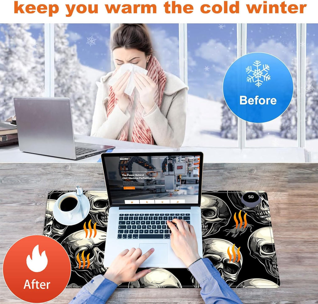Small Heated Desk Pad 23.6" x 14.2" – Compact Electric Mouse Pad with 3 Heating Levels, Auto Shut-Off, Waterproof PU Surface, Plug-in Warmer for Office or Home Use, Skull Pattern