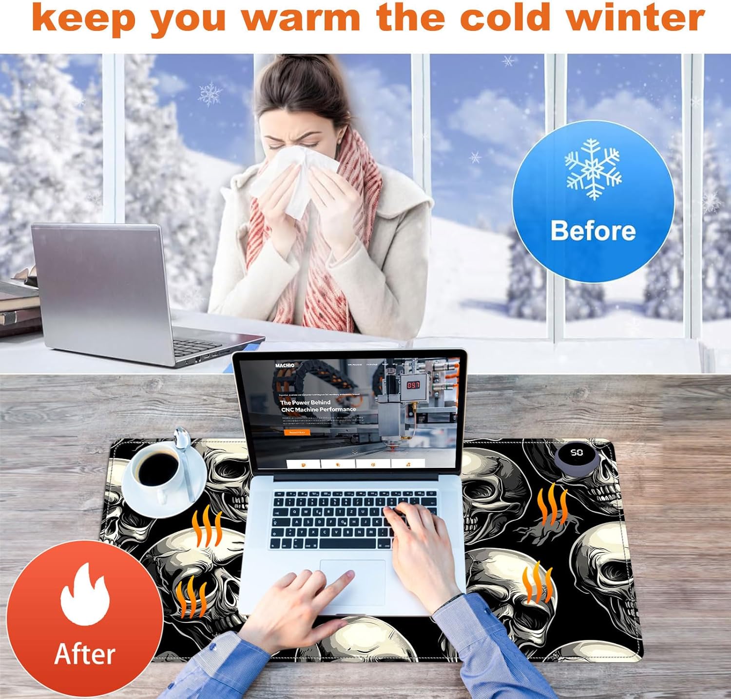 Small Heated Desk Pad 23.6" x 14.2" – Compact Electric Mouse Pad with 3 Heating Levels, Auto Shut-Off, Waterproof PU Surface, Plug-in Warmer for Office or Home Use, Skull Pattern