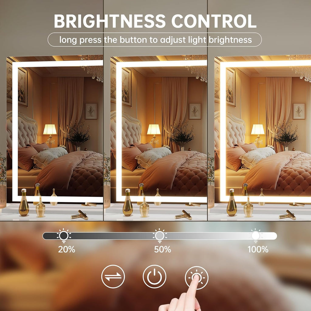 Hasipu Vanity Mirror with Lights, 55" x 36" LED Makeup Mirror, Lighted Makeup Mirror with Dimmable 3 Modes, Touch Screen Control Vanity Mirror Square White