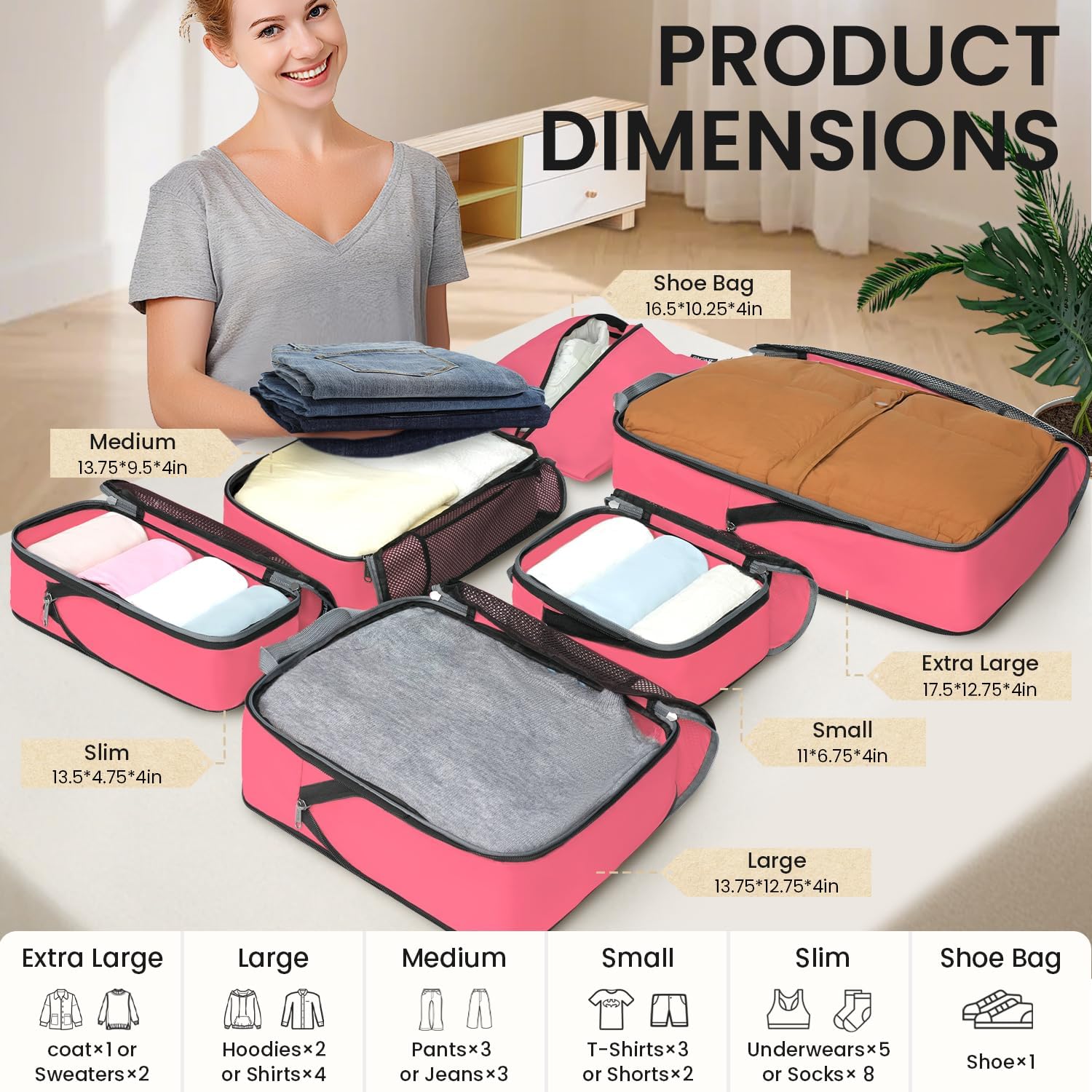 BAGAIL 4 Set/6 Set/8 Set Compression Packing Cubes Travel Accessories Expandable Packing Organizers (Half Mesh, 6-Coral)