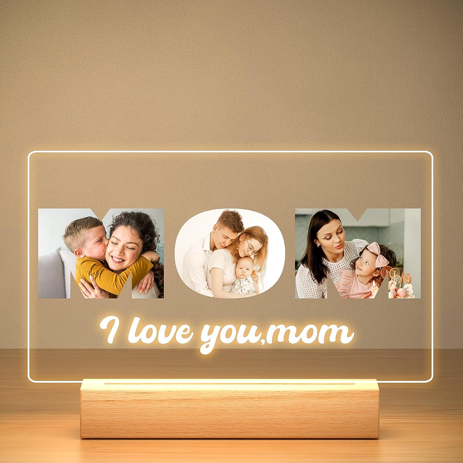 Custom Mom Picture Frame with Photo, Personalized Photo Frame with Night Light, Customized Picture Frames, Personalized Valentines Day Gifts for Mom from Daughter & Son