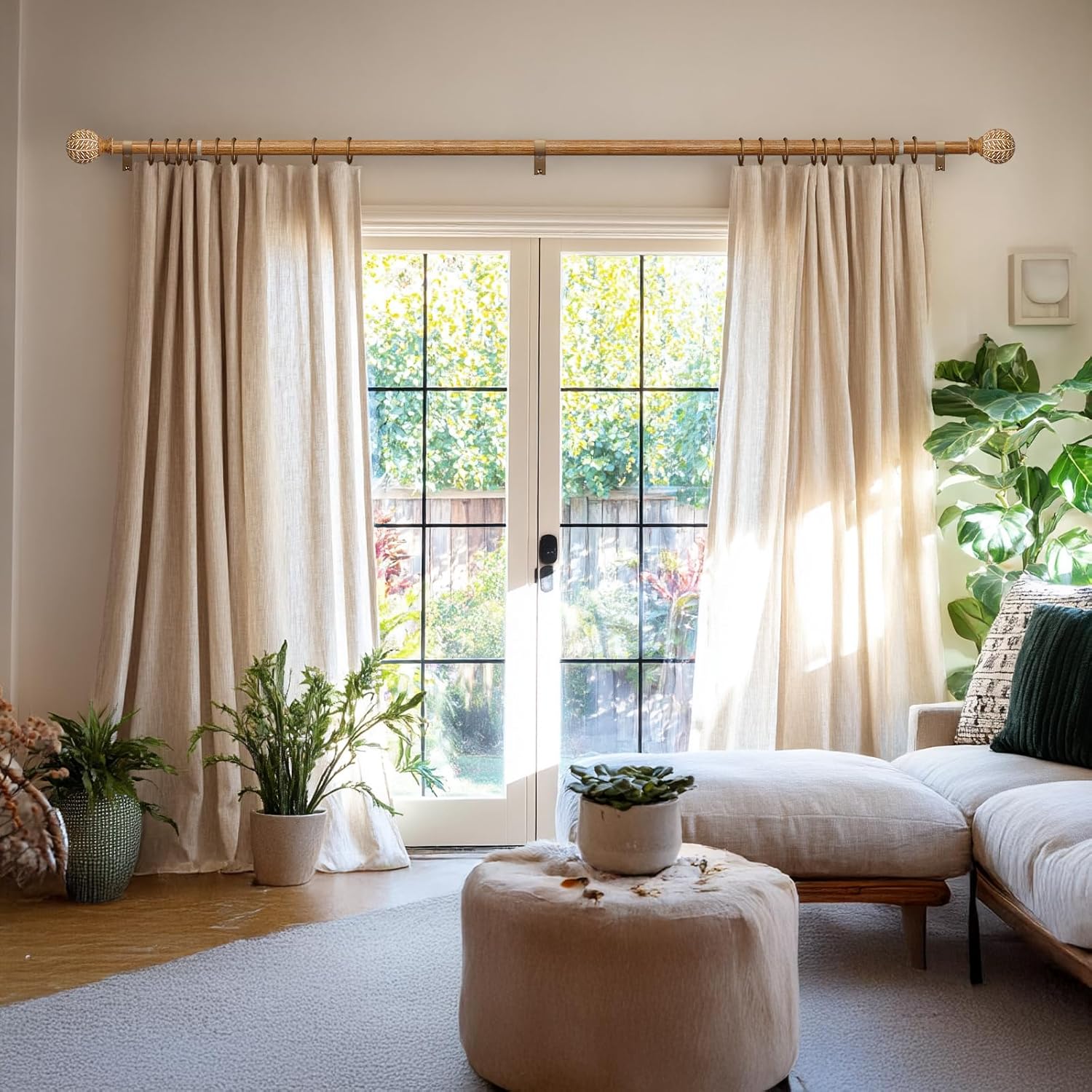 Imitation Wood Grain Ball Curtain Rods for Windows 48 to 84 Inch,1 Inch Heavy Duty Adjustable Wood Curtain Rod,Boho Decorative Drapery Rods Set with Brackets,Size:18''-88''