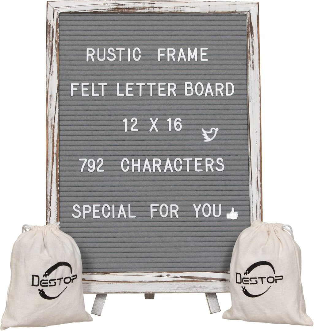 Felt Board With Rustic Vintage Frame and Stand 12x16 Inch, Grey Changeable Message Board Includes 792 Letters, Numbers and Symbols, Hook to Hang, 2 Canvas Bags