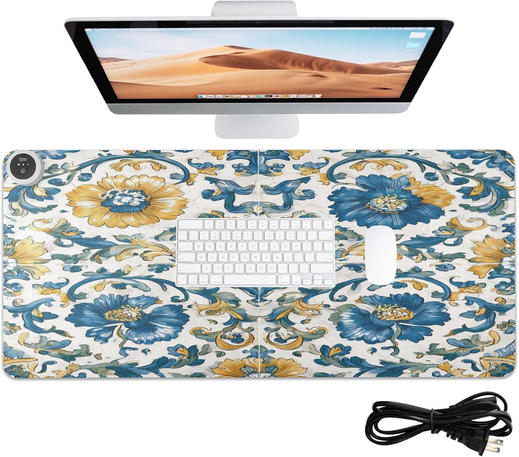 Heated Desk Pad Mouse Pad 31.5x13 Inch PU Leather Desk Mat with 3 Heat Levels Large Mouse Gaming Computer Laptop Mat Floral Blue and Yellow Tile