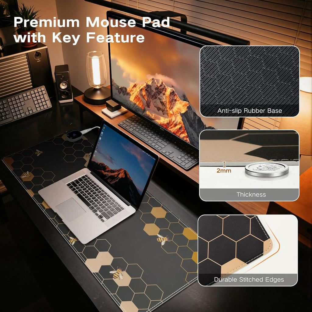 iCasso Heated Mouse Pad, XL Big Desk Pad with 4 Heating Levels & 4 Auto Shut-Off Levels for Computer Keyboard, 31.5" x 13" Large Safe Desk Mat Hand Warmer for Home Office Work (Honeycomb)