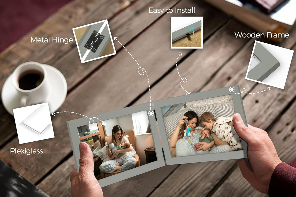 Double 4x6 Horizontal Combo, Grey Wood Picture Frame, 3.5x5.5 Opening Foldable Landscape View Photo Frame on Table-top or Wall
