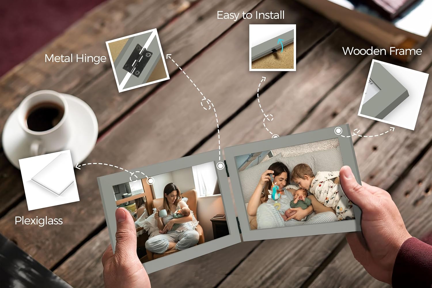 Double 5x7 Horizontal Combo, Grey Wood Picture Frame, 4.5x6.5 Opening Foldable Landscape View Photo Frame on Table-top or Wall