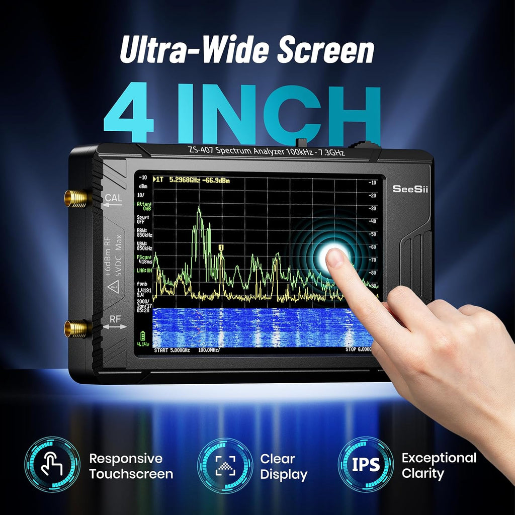 SeeSii TinySA Ultra+ ZS407 7.3GHz Spectrum Analyzer: 2025 Upgraded 4 Inch HW V0.5.4 100kHz-7.3GHz Handheld Tiny Frequency Analyzer - 2-in-1 RF Signal Generator 100kHz to 900MHz MF/HF/VHF UHF