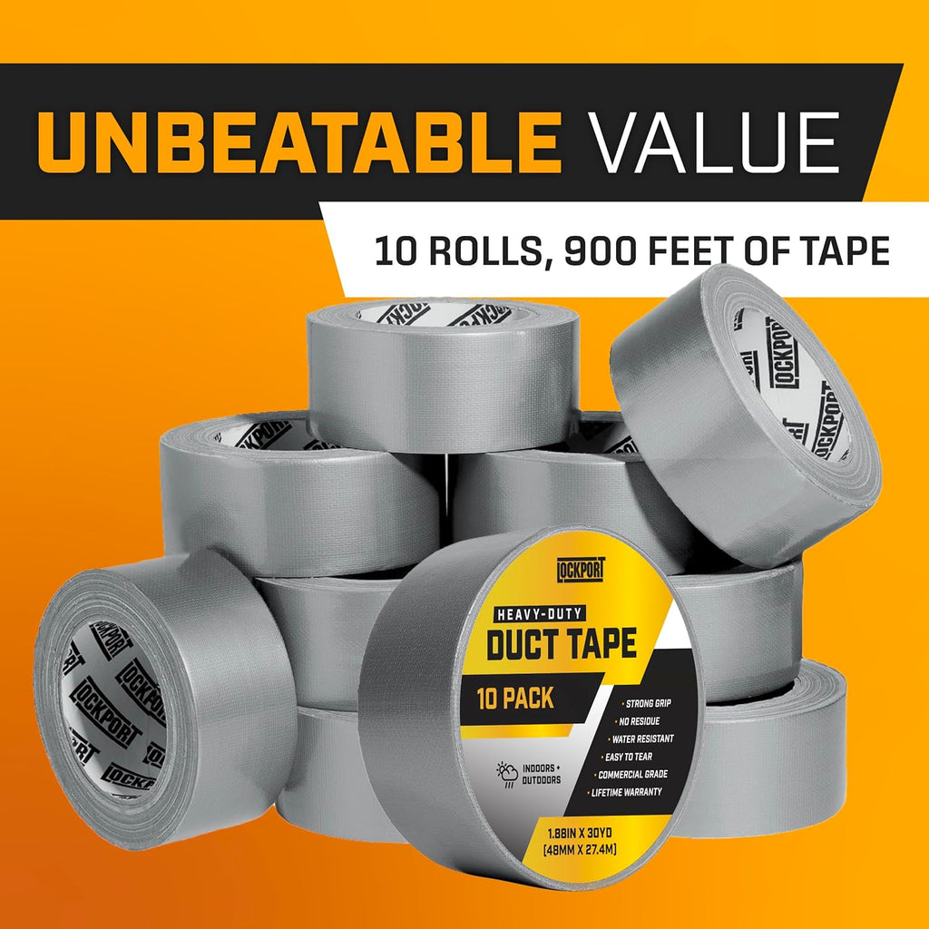 Lockport Duct Tape Heavy Duty Waterproof - 10 Roll Pack Silver Duct Tape Bulk - 30 Yards x 2 Inch - No Residue, Flexible, Strong, All- Weather Resistant and Easy Tear - Grey Heavy Duty