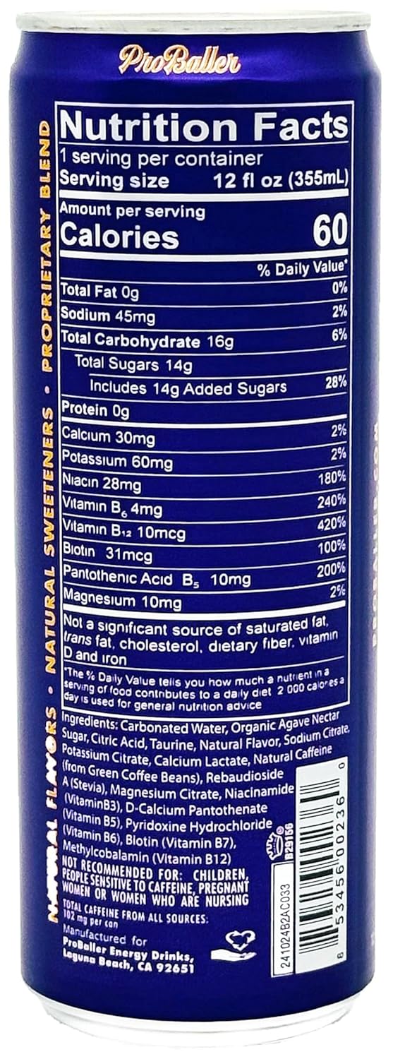 ProBaller Ultra Premium Energy Drink - Natural Clean NSF Certified Sport Drink with Amino Acids, Taurine, Biotin, Organic Agave, Vitamin B 12 Methylcobalamin, & Electrolytes - 15 Pack - Lakers Edition