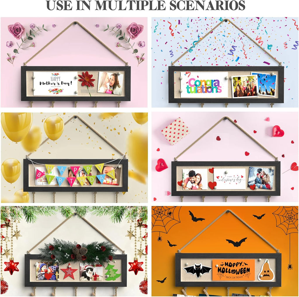 Bikoney Picture Frames Collage Wall Decor Hanging Photo Display Multi Pictures Organizer with Wood Bulletin Board Photo Board 30 Clips and 6 Pushpins for Home and Dorm Room Decor (Black)