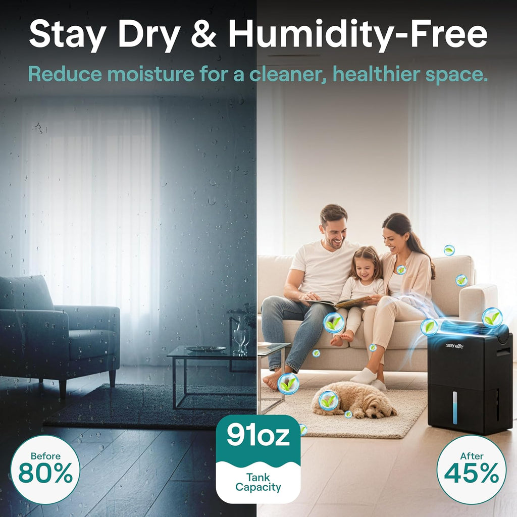 SereneLife Dehumidifiers for Home, 91 Oz Quiet Dehumidifier for Bedroom, Bathroom, Basement with Removable Cylinder For Closet, Timer, Sleep Mode & Smart Humidity Control, Covers 1500 Sq. Ft, Black