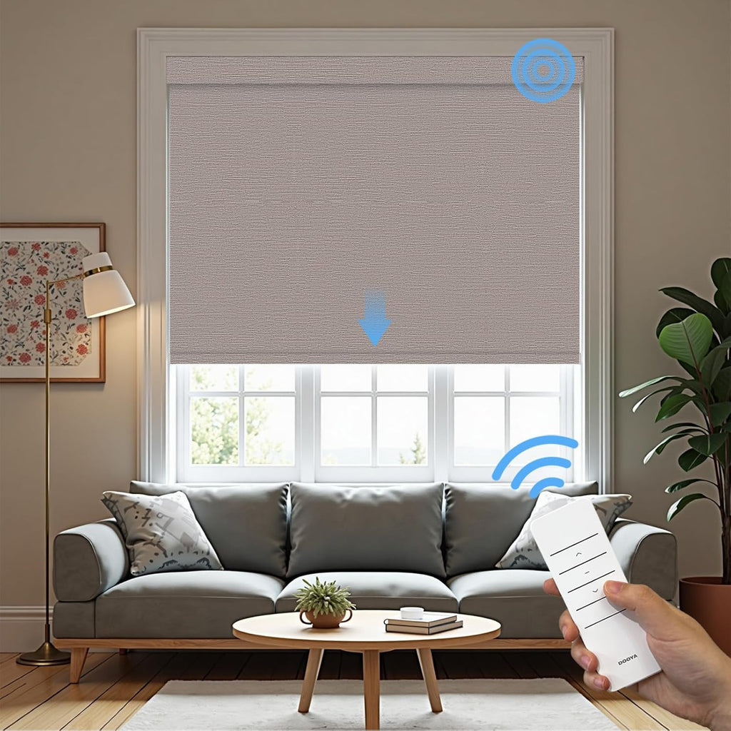 Motorized Roller Blinds with Remote, 100% Blackout Automatic Roller Shades for Bedroom, Bathroom, and Living Room, Customized Size, Woven Tapestry Brown