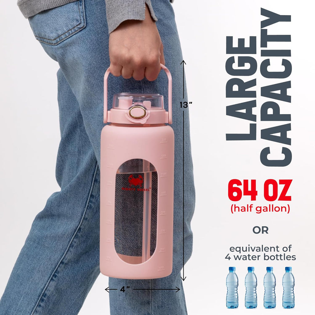 64 oz Glass Water Bottle – Pink | Half Gallon Borosilicate Bottle with Straw, Silicone Sleeve, Time Marker – Cute Leakproof Water Jug for Women, Gym, Travel