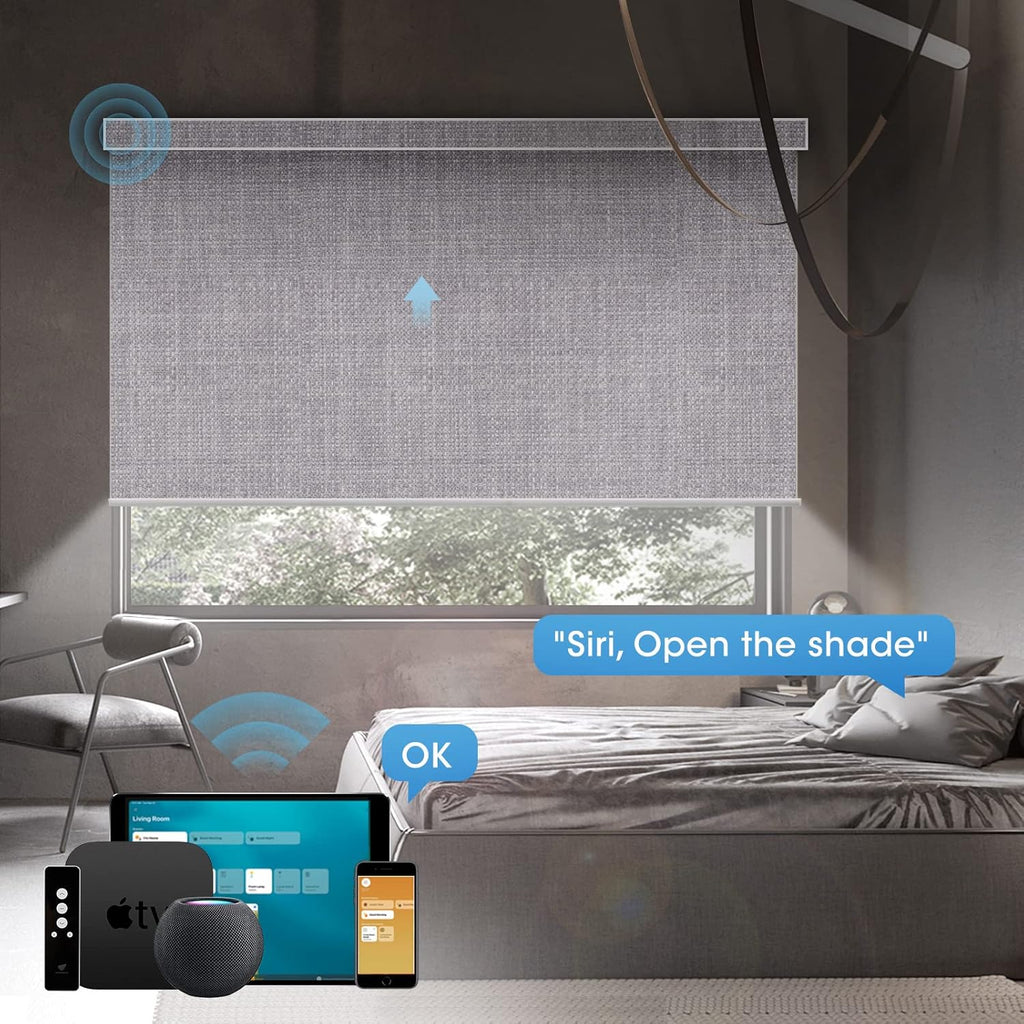 SmartWings Motorized Roller Shades Work with Matter Thread Homekit Z-Wave Alexa Google, 100% Blackout Smart Blinds for Windows, Cordless Remote Control Window Shades, Customized Size, Fabric Sample