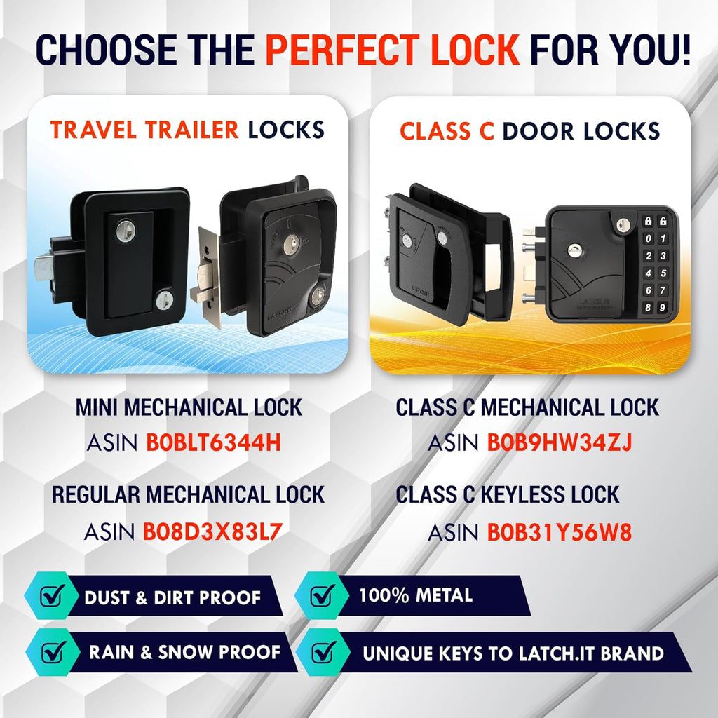 LATCH.IT Rv Door Lock Black | Camper Door Lock fits 2.75" x 3.75" Hole | 2 Keys Included RV Door Latch | All Metal Enclosed Trailer Door Latch | Camper Door Latch for Trailers, Fifth Wheels & More
