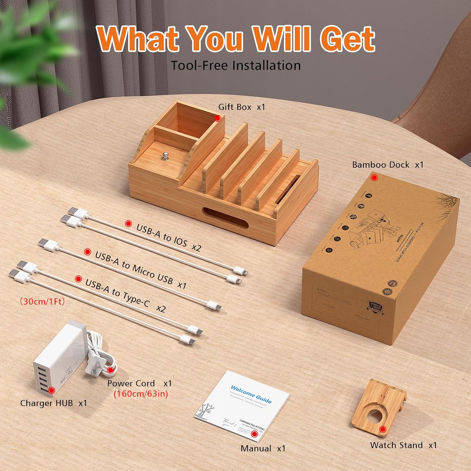 Bamboo Charging Station for Multiple Devices with 5 Port USB Charger, 5 Charger Cables and Smart Watch Stand. Wood Desktop Dock Stations Electronic Organizer for Cell Phone, Tablet, Watch, Office
