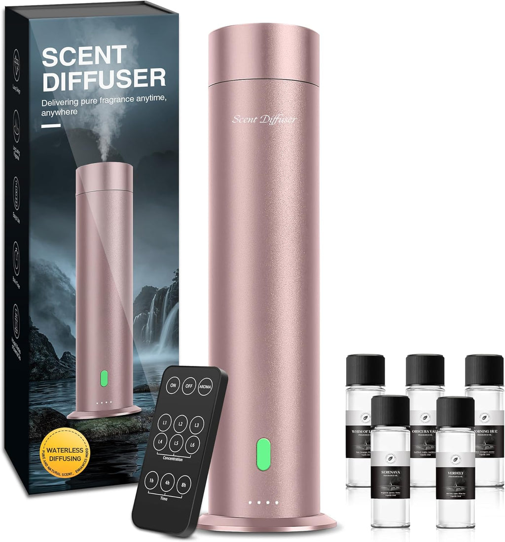Waterless Scent Diffuser Starter Kit - 1000 Sq Ft Coverage, Hotel Scent Diffuser, Essential Oil Diffuser Large Room, Included 5 Scent Oils, Remote Control, Rosepink