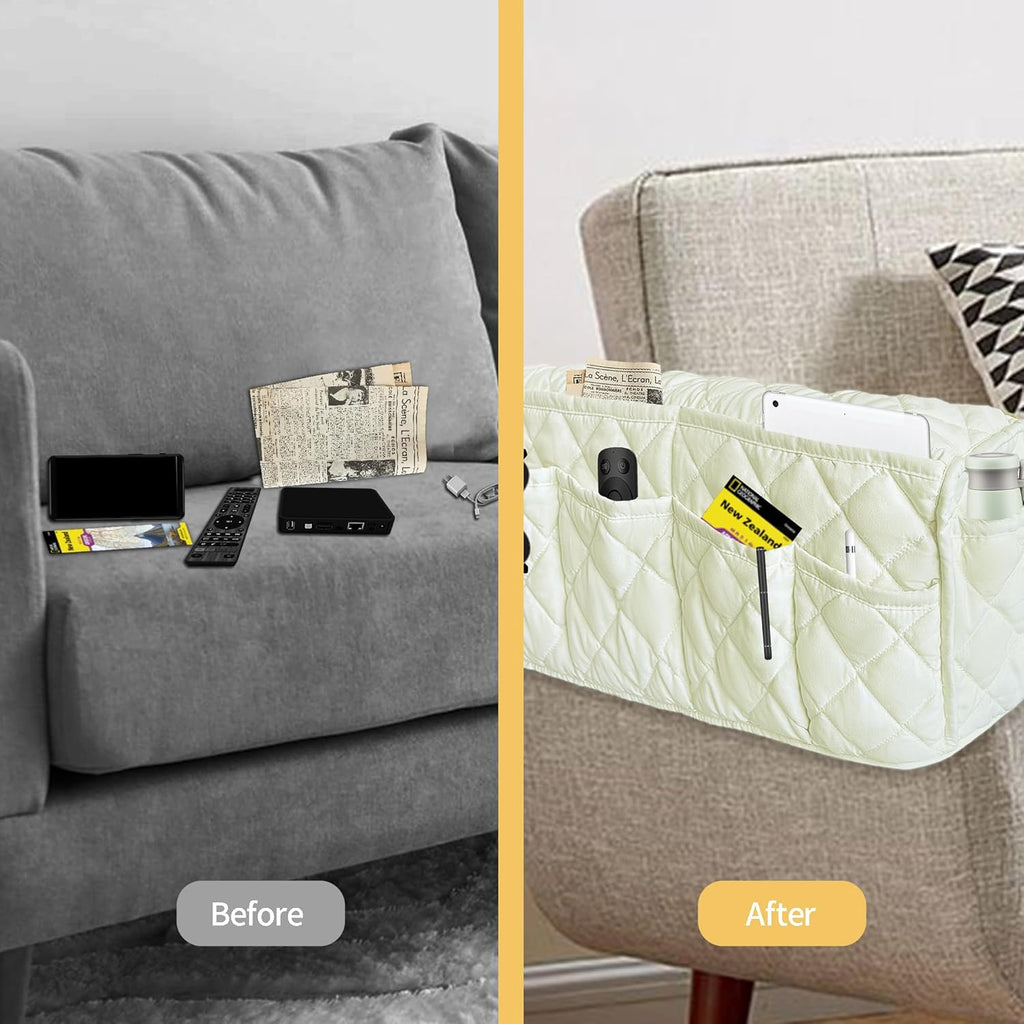 MEHIDFY Armchair Caddy, Waterproof Sofa Armrest Organizer, Non Slip Recliner Organizer, Remote Holder for Recline, Recliner Caddy with 14 Pockets Storage for TV Remote, Phone, Magazine (White)
