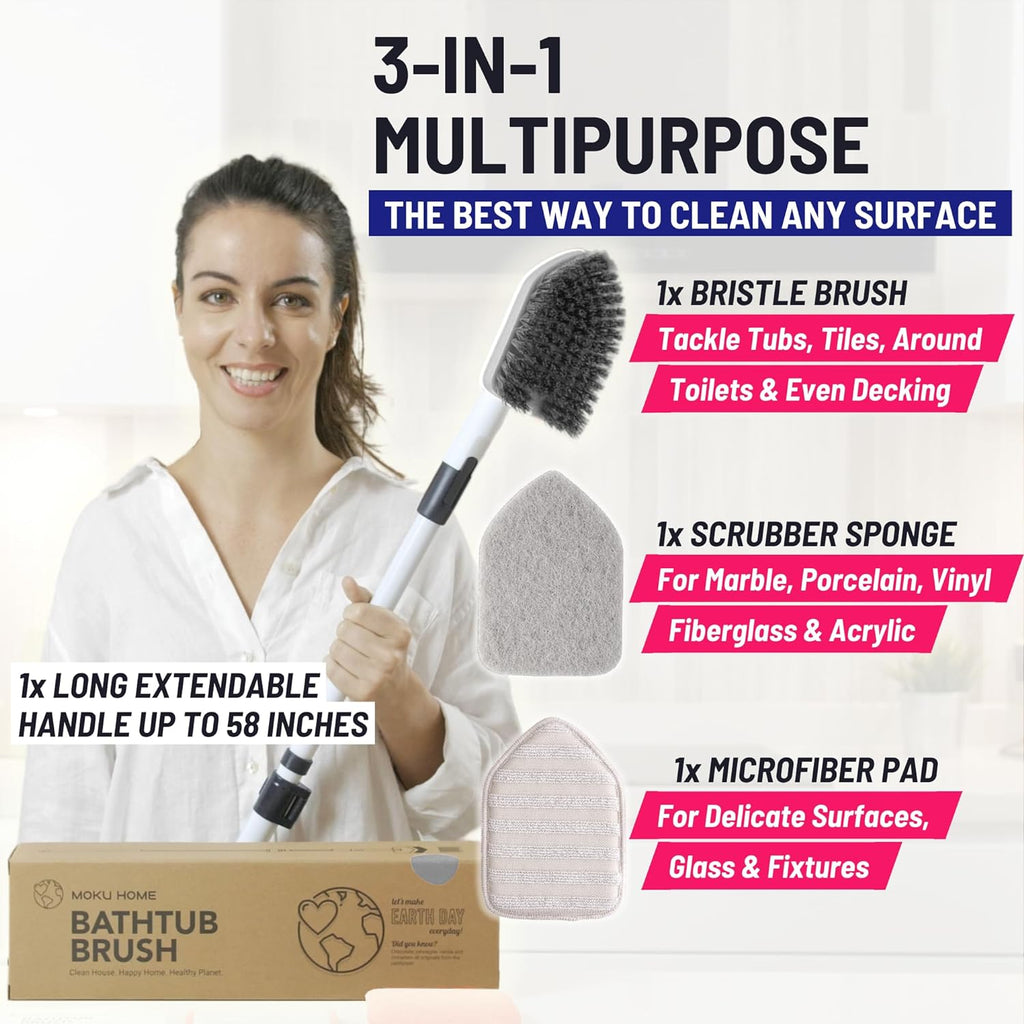 Shower Scrubber 3 in 1 Extendable Long Handle 58" Cleaning Brush - Non Scratch Shower Brush for Cleaning Bathroom Kitchen Toilet Wall Tub Tile (Gray)