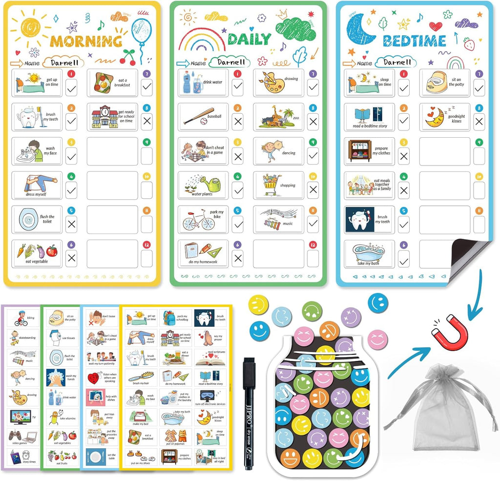 JJPRO Magnetic Bedtime/Morning/Daily Routine Chart for Kids with Reward Jar-Morning Routine Chart,Daily Checklist Reward Chart for Toddlers,Reward Jar for Kids,Cute Visual Schedule Board for Home
