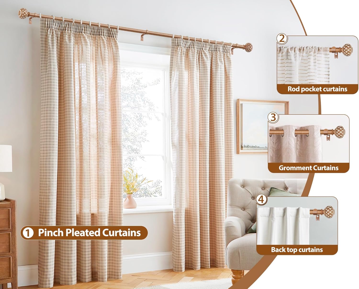 TONIAL Wood Curtain Rod 32 to 58 Inches, 7/8 Adjustable Curtain Rods for Windows 20 to 54 Inches, Splicing Drapery Rods Decorative with Netted Texture Finials