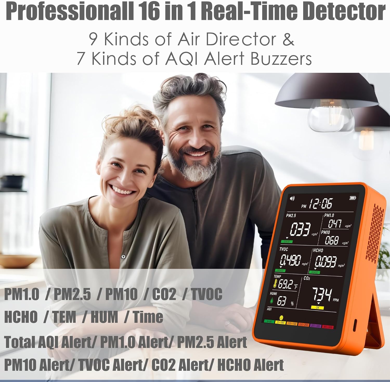 Professional Indoor Air Quality Monitor with AQI, Portable Real-Time Detector for Home Cars Plants and Pets (Orange)
