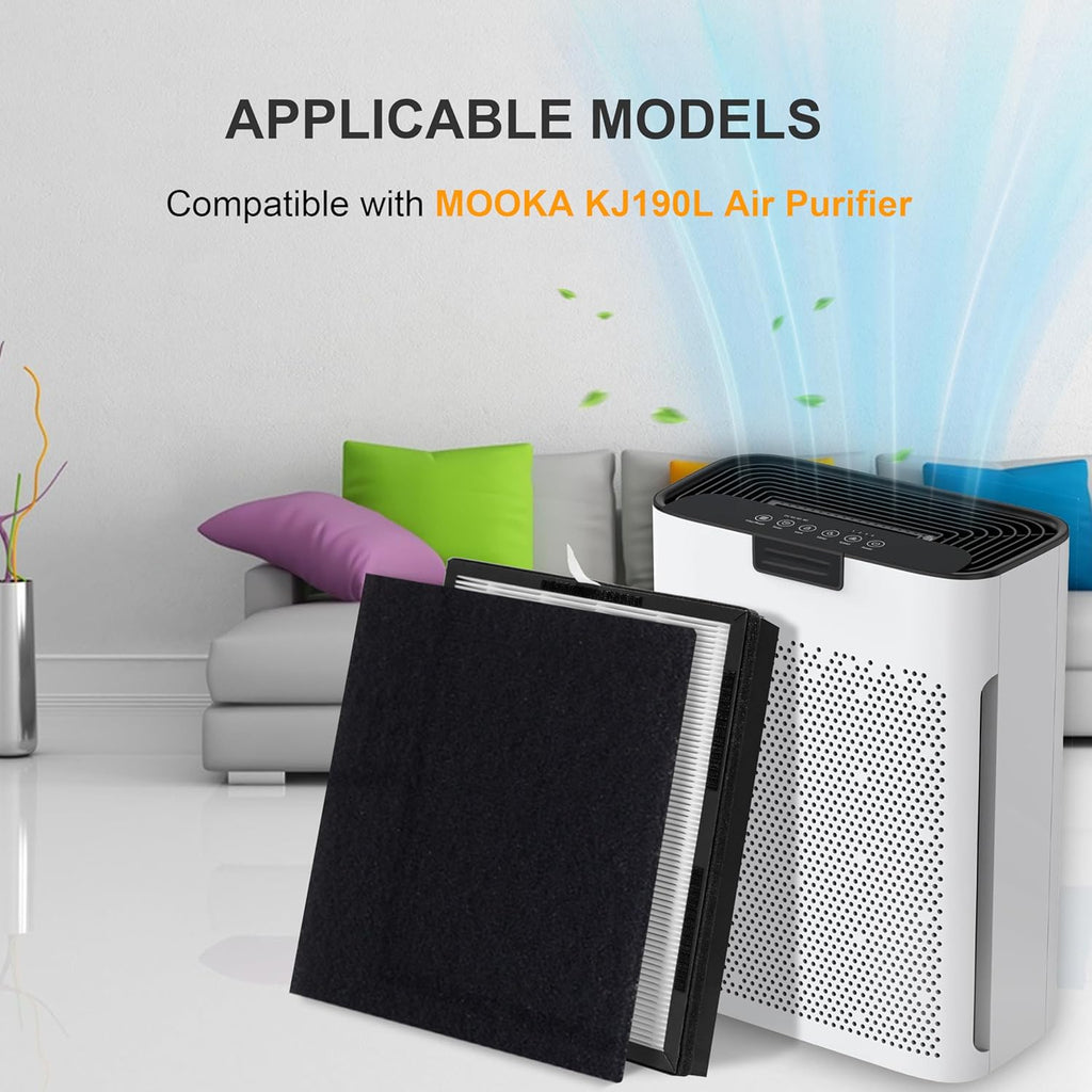 KJ190L H13 True HEPA Replacement, Compatible with Mooka KJ190L Air Purifier, 2 H13 True HEPA with 2 Washable Pre-Filters