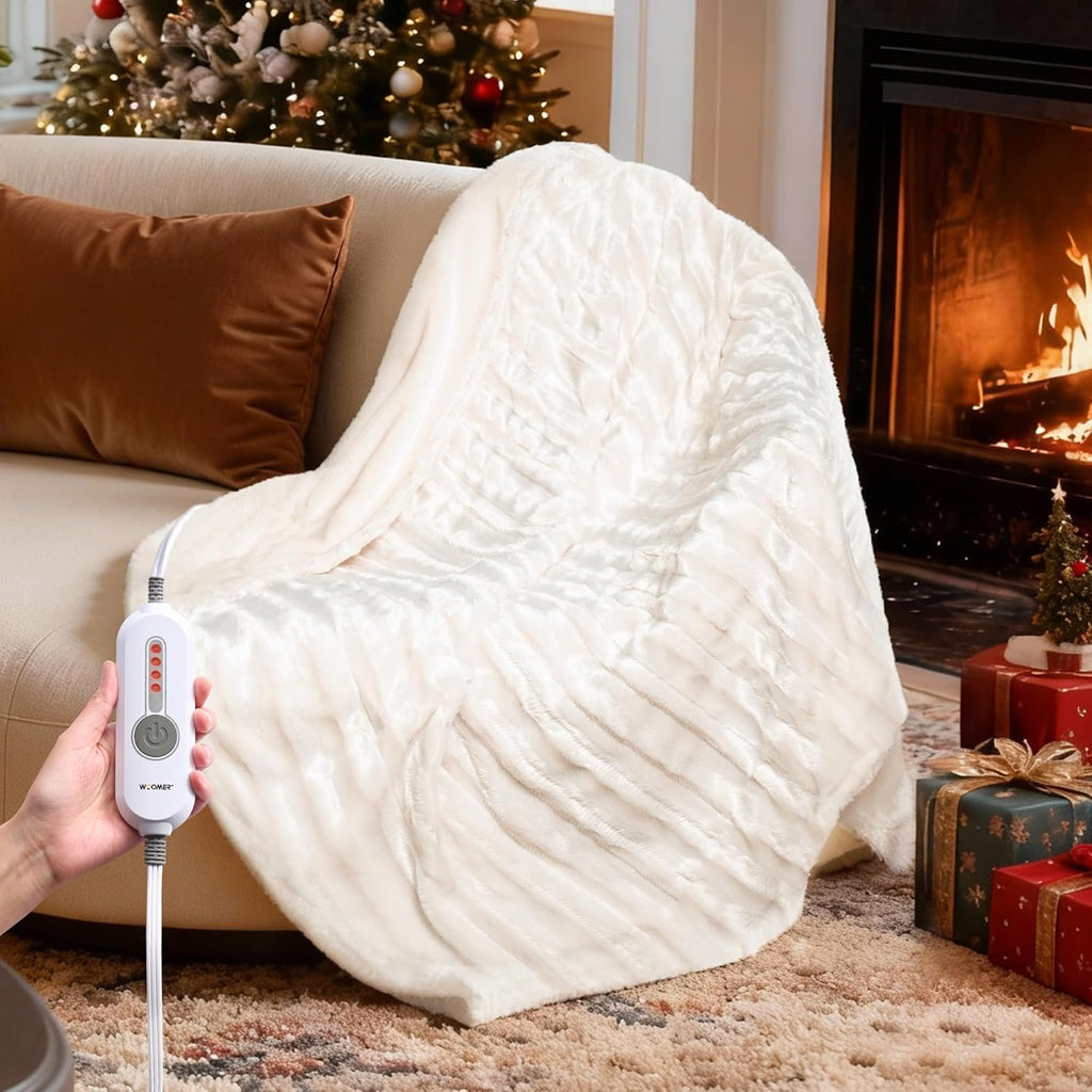 WOOMER Heated Blanket Throw 50" x 60", Electric Blanket Throw with 4 Heating Levels & 4H Auto Off, ETL Certified, White Double-Sided Velvet, Over-Heat Protect, Machine Washable