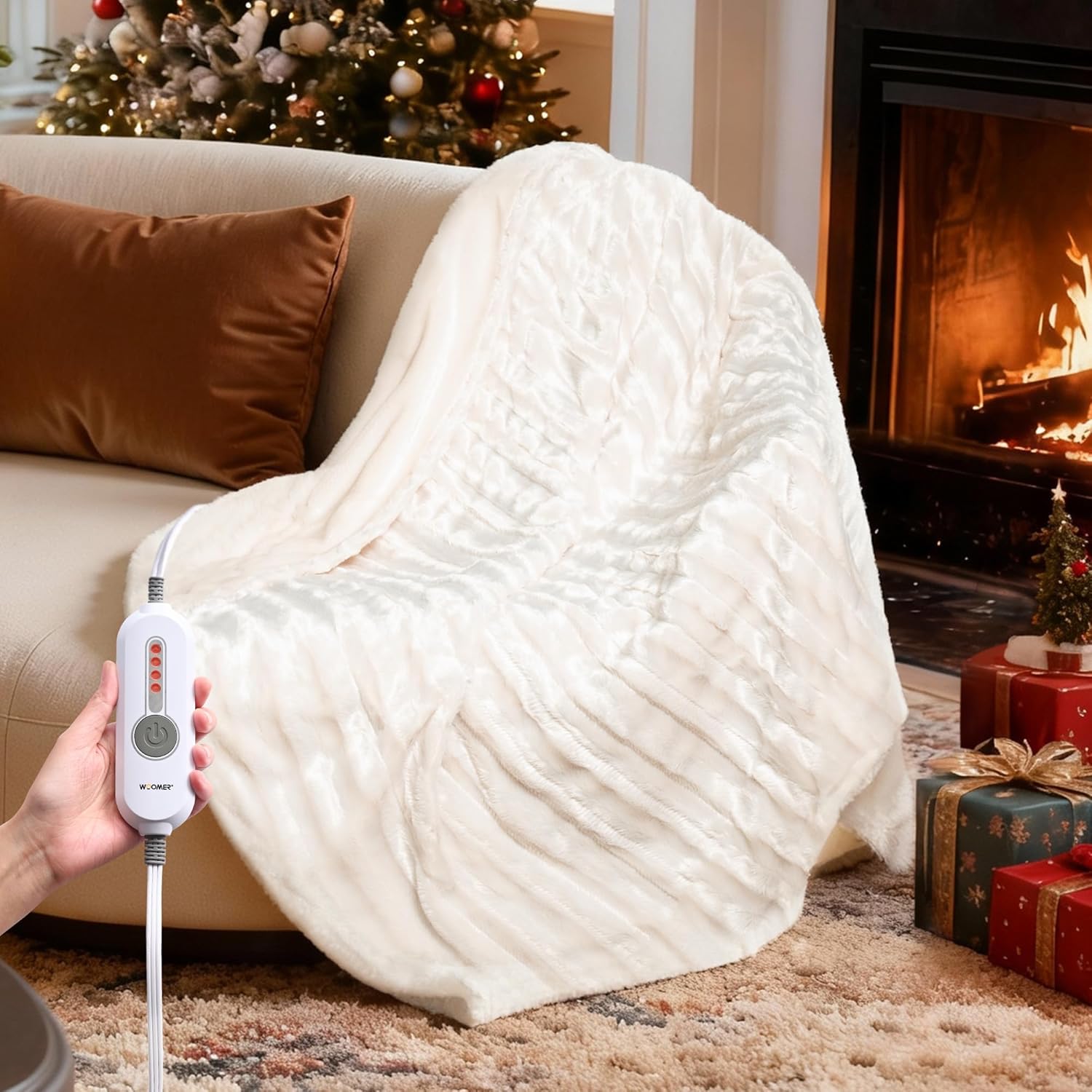 WOOMER Heated Blanket Throw 50" x 60", Electric Blanket Throw with 4 Heating Levels & 4H Auto Off, ETL Certified, White Double-Sided Velvet, Over-Heat Protect, Machine Washable