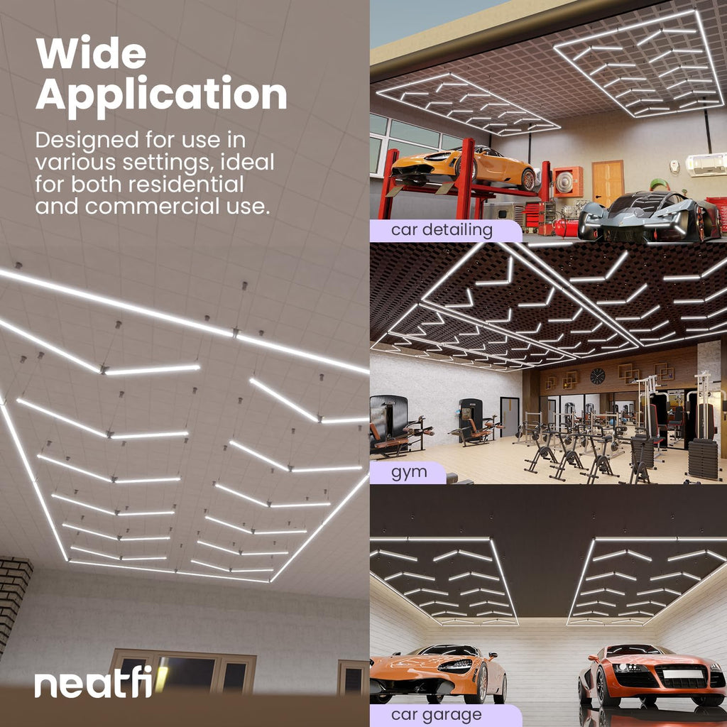 Neatfi LED Garage Light, 42,240 Lumens, 6500K, 384W, IP54, Ceiling Lights for Garage, Auto Shops, Car Detailing, Barber Shops, Beauty Salon, and Gym (Cool White, 12 Arrows with Hanging Kit)