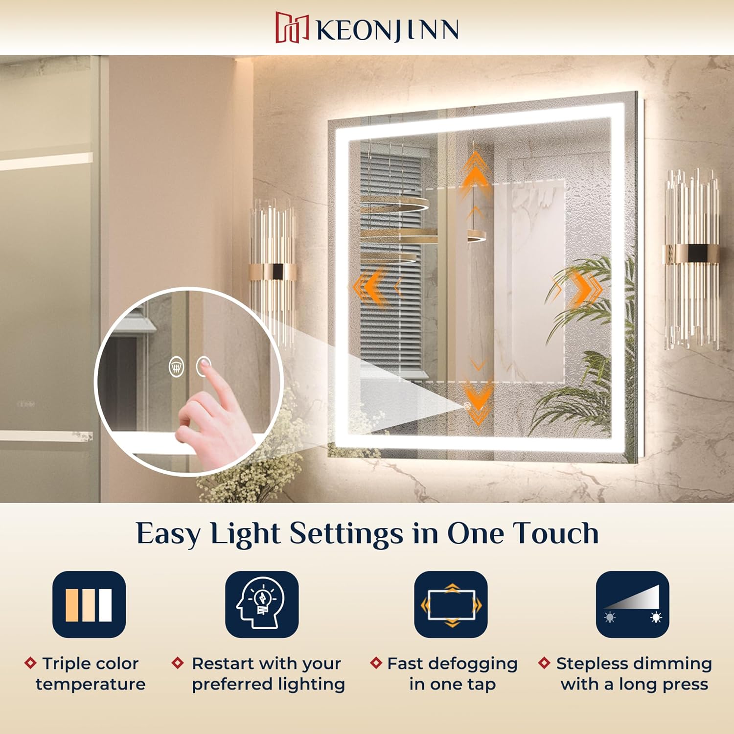 Keonjinn LED Bathroom Mirror 55 ” x 30 ” with Frontlit & Backlit, Lighted Mirror for Bathroom Wall with Dimmable 3-Color Lights, Anti-Fog Mirror with HD Tempered Glass, UL-Listed LED Driver